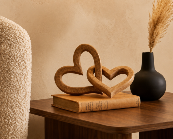 Escultura Decorativa Corazones Entrelazados en Madera | Figura Artesanal Minimalista para el Hogar