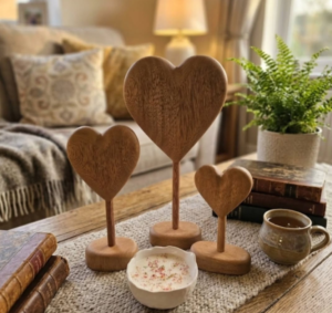 Set de Corazones Decorativos en Madera de Roble | Esculturas Artesanales para Decoración del Hogar