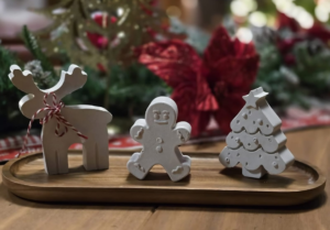 Set Navideño Decorativo de 3 Piezas con Base de Madera | Adorno Minimalista para Navidad